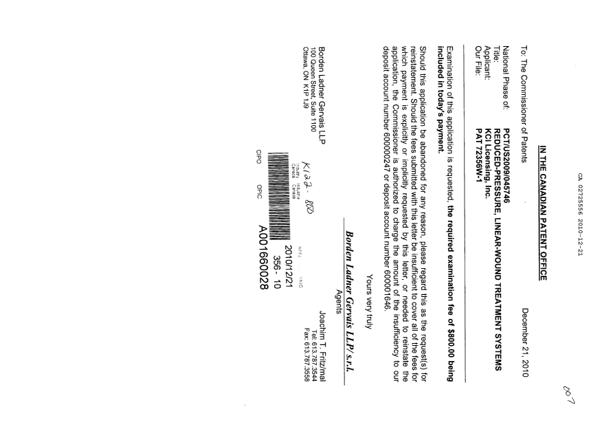 Document de brevet canadien 2725556. Poursuite-Amendment 20091221. Image 1 de 1