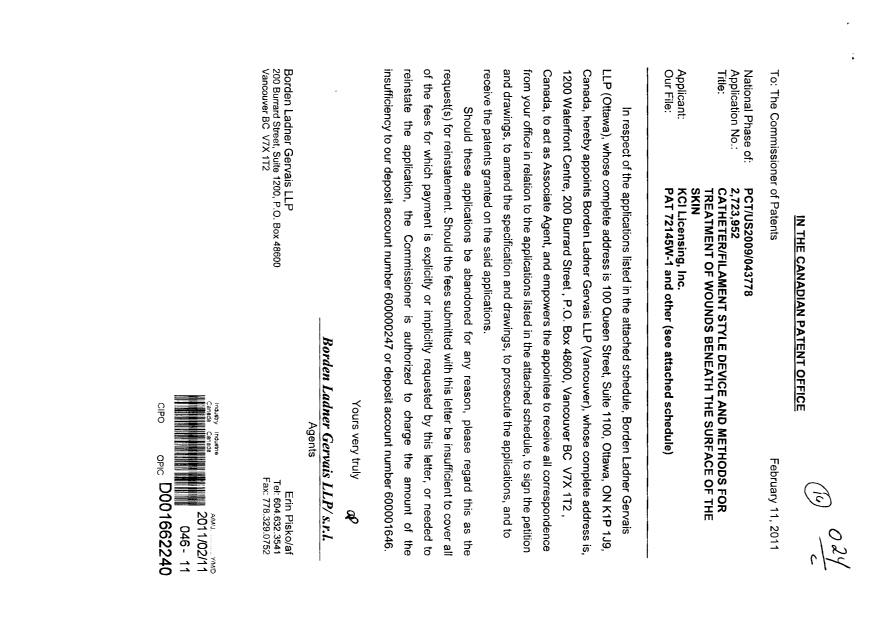 Document de brevet canadien 2725556. Correspondance 20101211. Image 1 de 2
