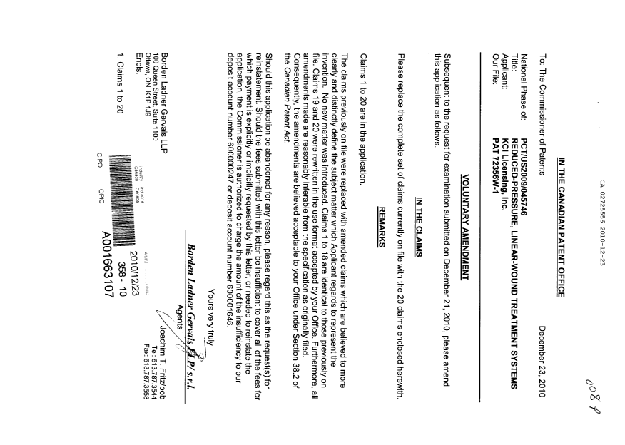Canadian Patent Document 2725556. Prosecution-Amendment 20101223. Image 1 of 7