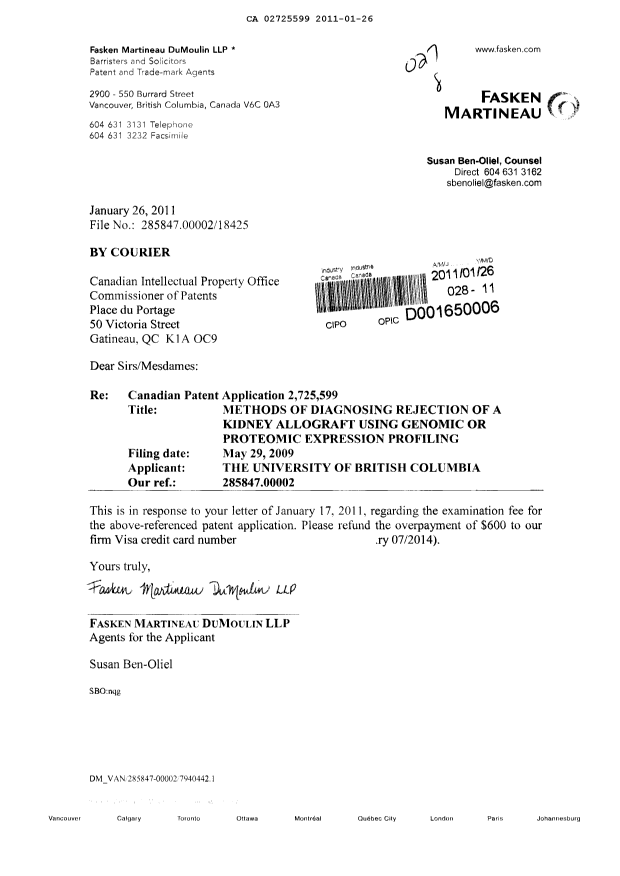 Canadian Patent Document 2725599. Prosecution-Amendment 20110126. Image 1 of 1