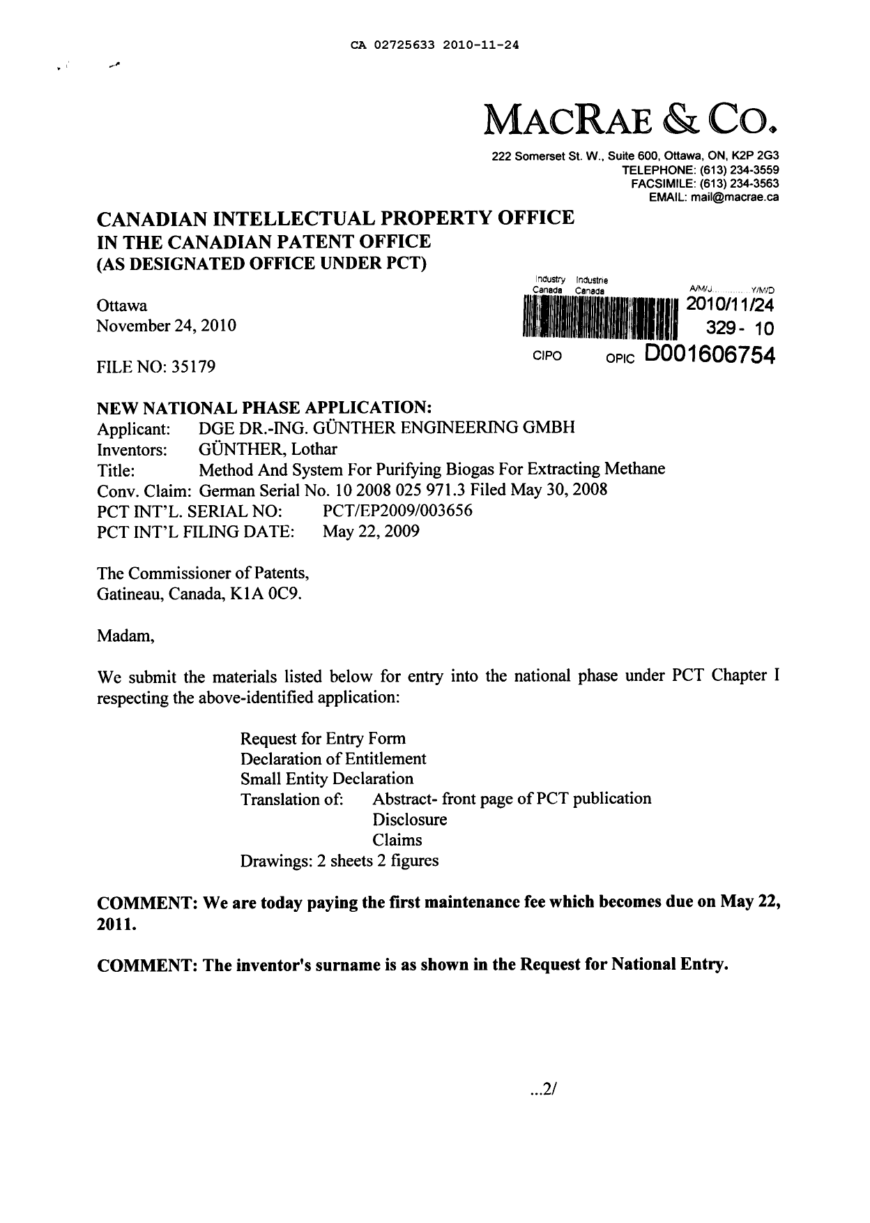 Document de brevet canadien 2725633. Cession 20101124. Image 1 de 6