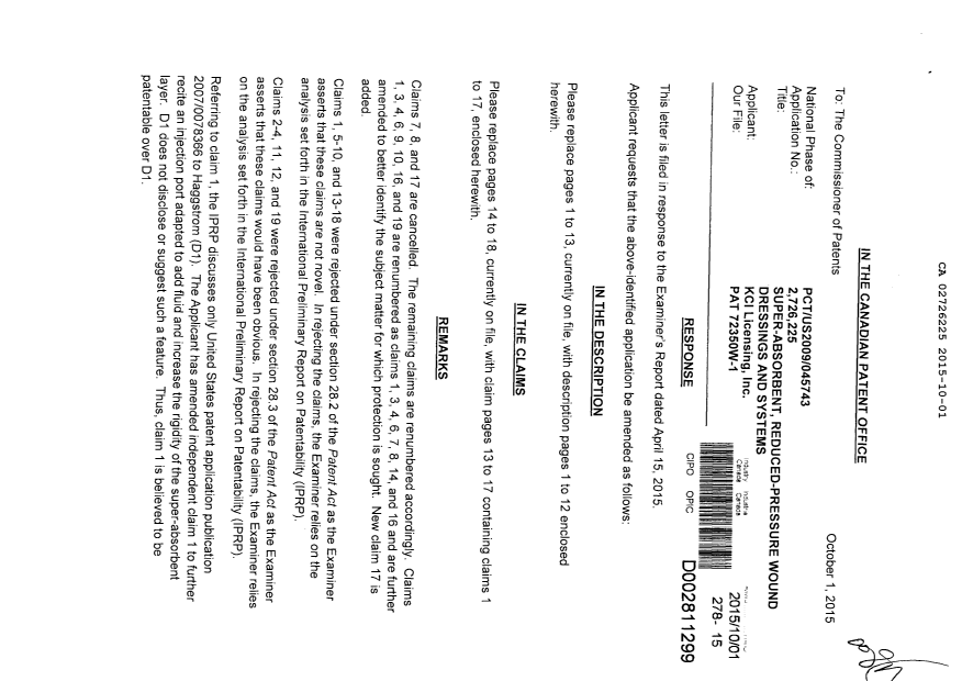 Document de brevet canadien 2726225. Poursuite-Amendment 20141201. Image 1 de 20