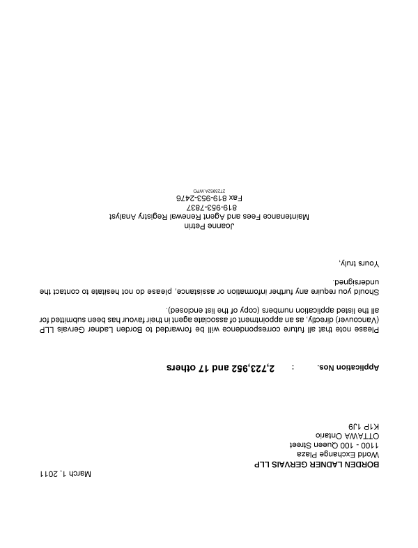 Document de brevet canadien 2726240. Correspondance 20101201. Image 1 de 1