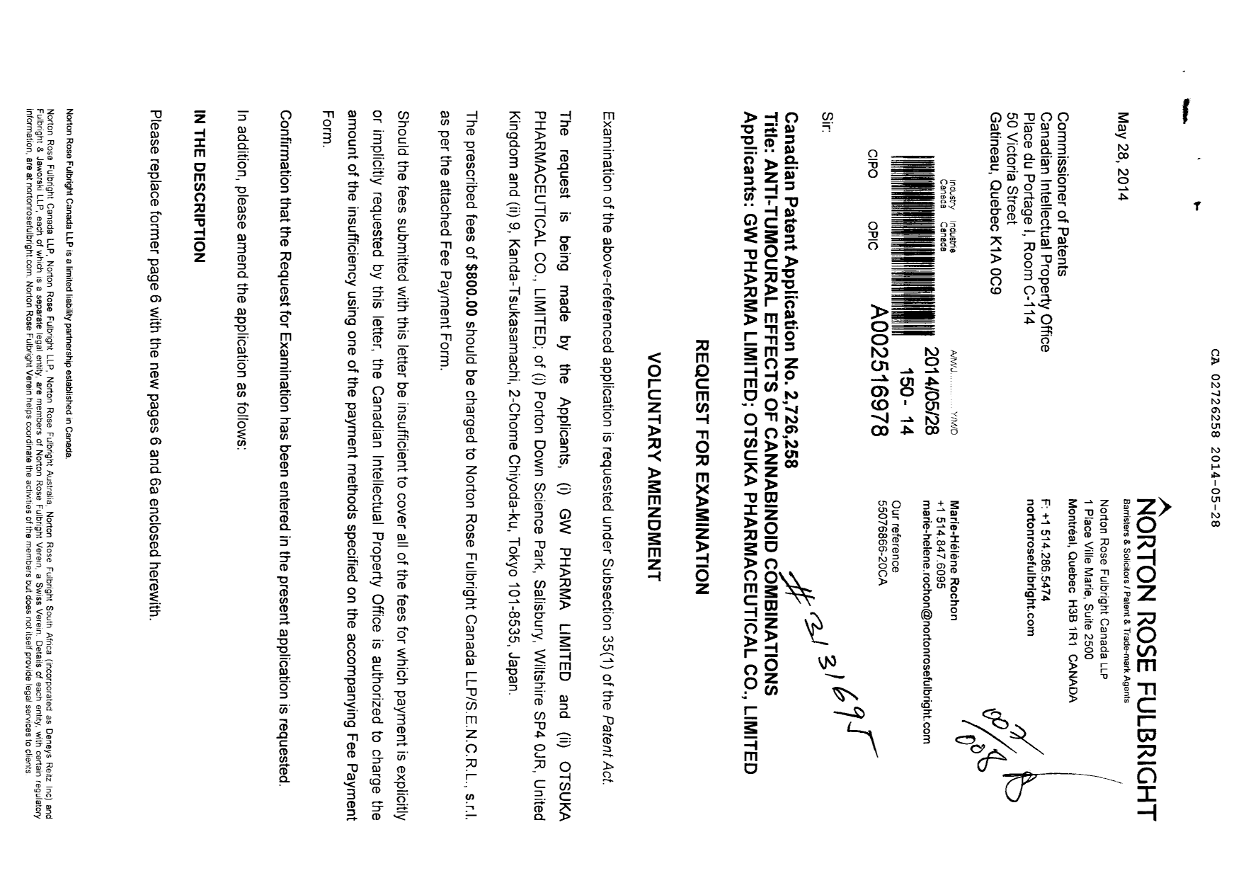Document de brevet canadien 2726258. Poursuite-Amendment 20131228. Image 1 de 7