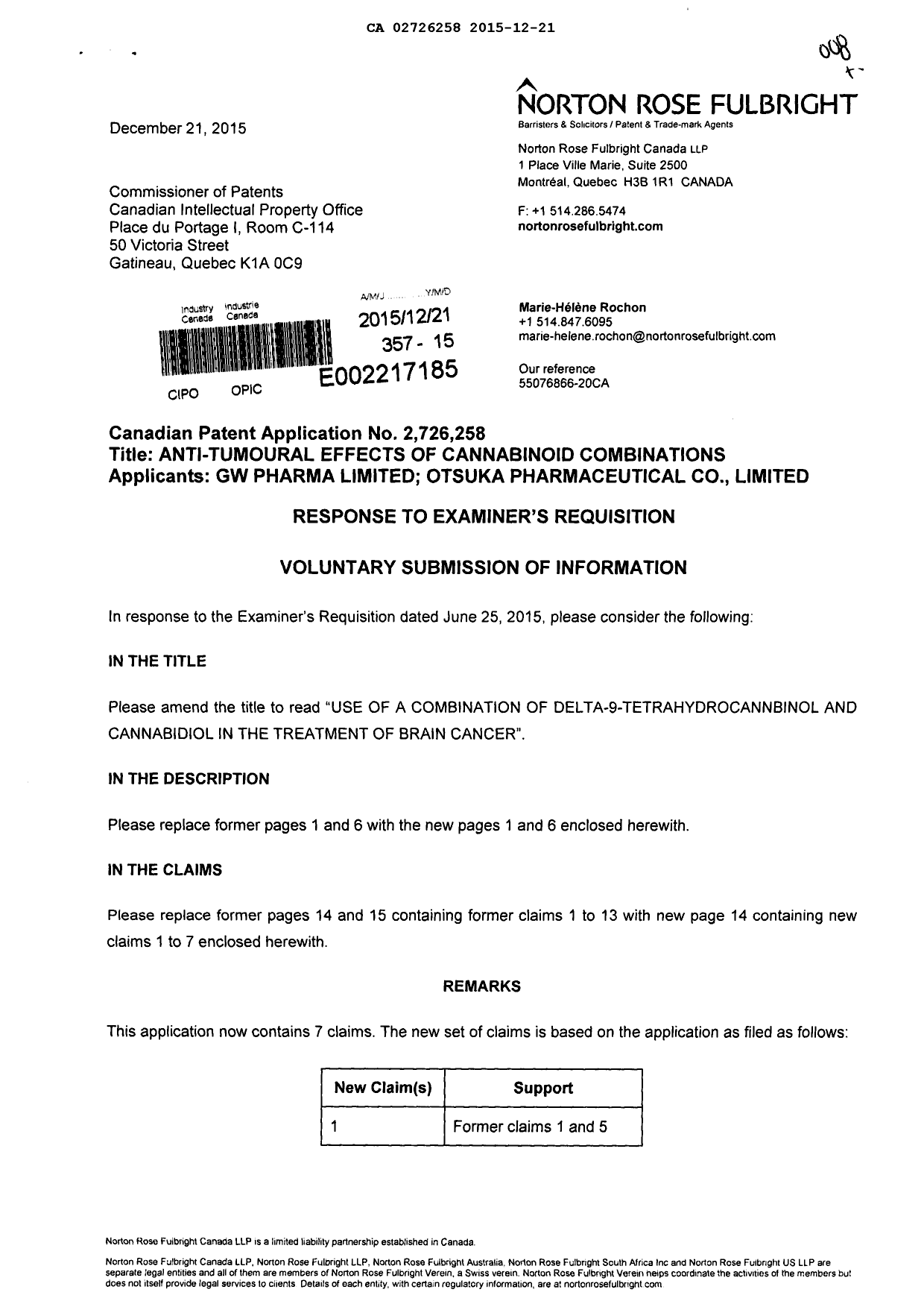 Canadian Patent Document 2726258. Prosecution-Amendment 20141221. Image 1 of 7