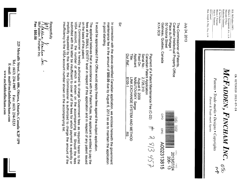 Canadian Patent Document 2726310. Fees 20130724. Image 1 of 1