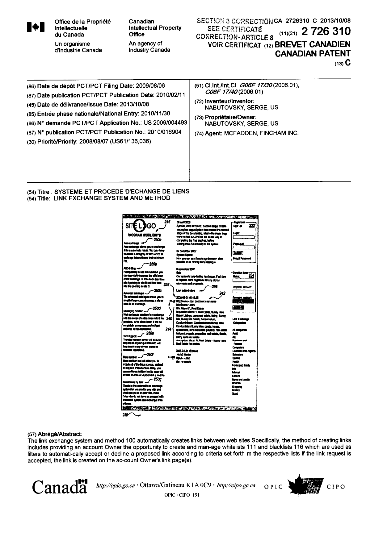 Document de brevet canadien 2726310. Page couverture 20131231. Image 1 de 2