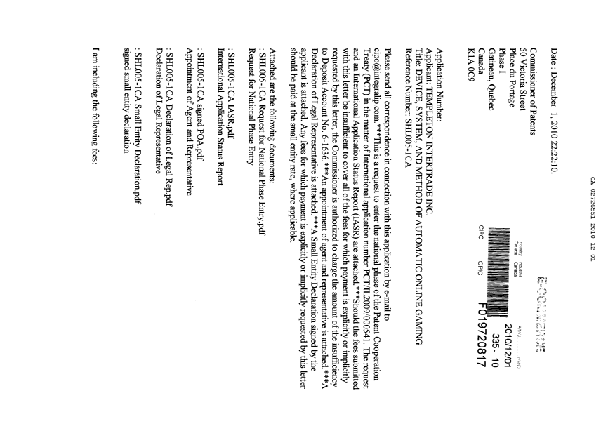 Document de brevet canadien 2726551. Cession 20101201. Image 1 de 9