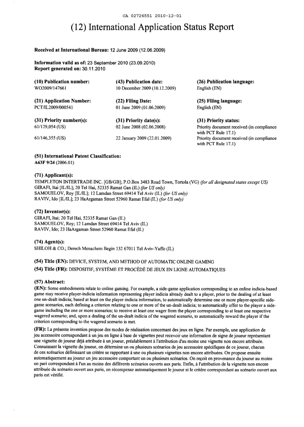 Document de brevet canadien 2726551. PCT 20101201. Image 2 de 8