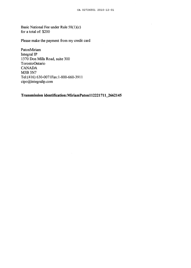 Document de brevet canadien 2726551. Cession 20101201. Image 2 de 9