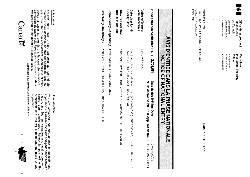 Document de brevet canadien 2726551. Correspondance 20110121. Image 1 de 1