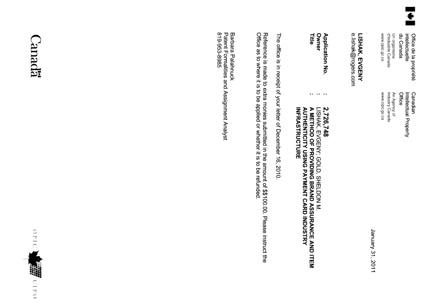 Document de brevet canadien 2726748. Correspondance 20110131. Image 1 de 1