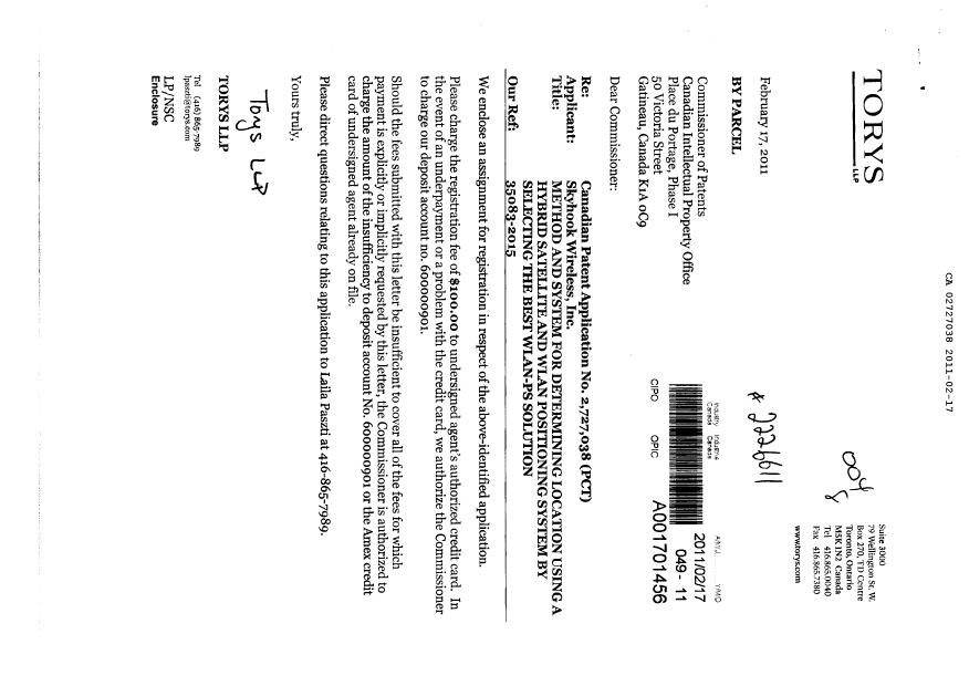 Document de brevet canadien 2727038. Cession 20110217. Image 1 de 2