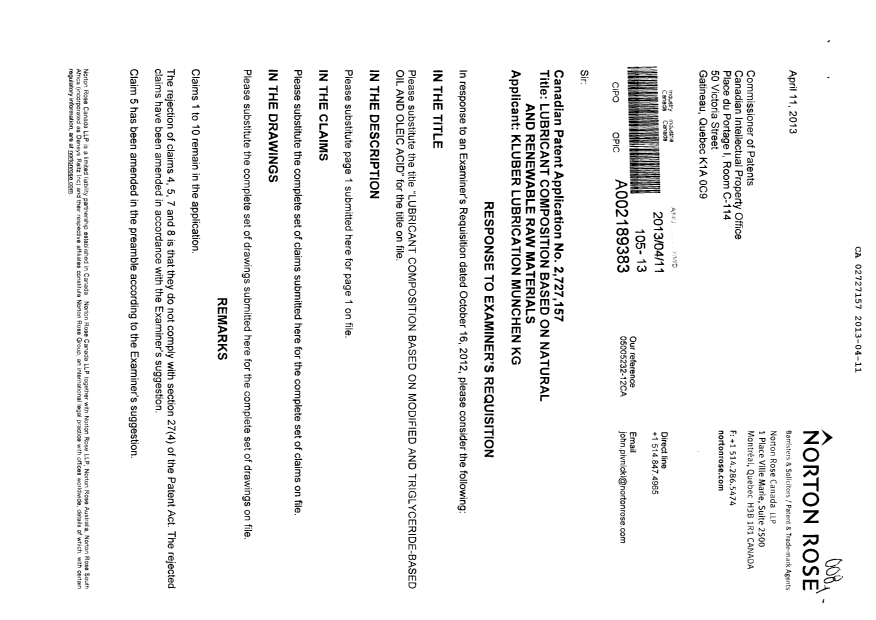 Document de brevet canadien 2727157. Poursuite-Amendment 20130411. Image 1 de 10