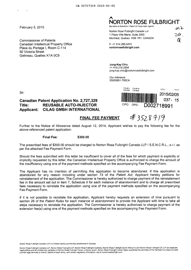 Document de brevet canadien 2727329. Correspondance 20150205. Image 1 de 2