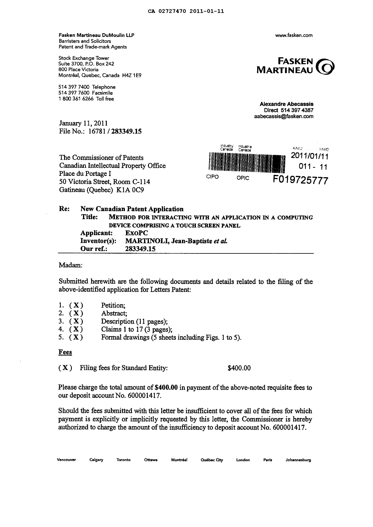 Canadian Patent Document 2727470. Assignment 20110111. Image 1 of 4
