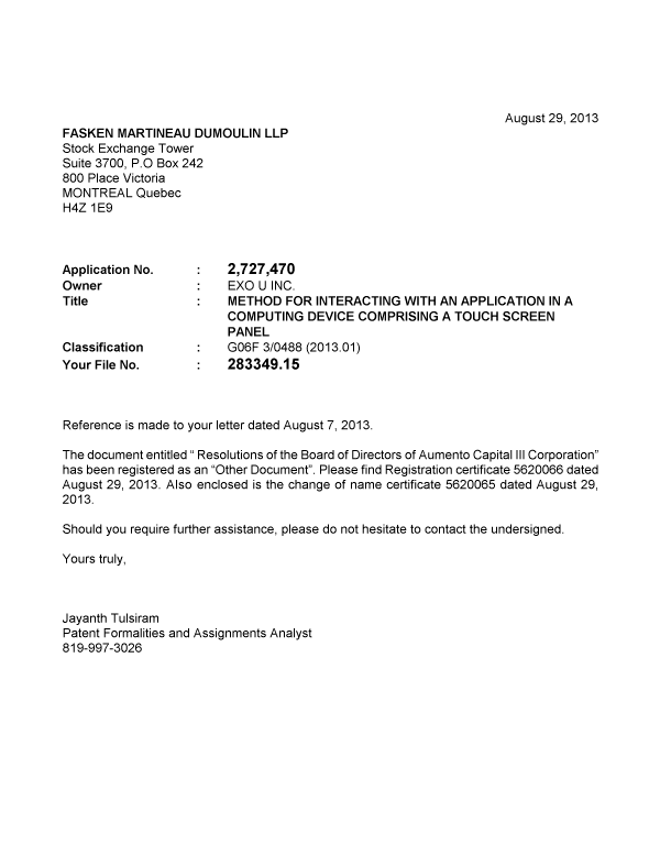 Document de brevet canadien 2727470. Correspondance 20130829. Image 1 de 1