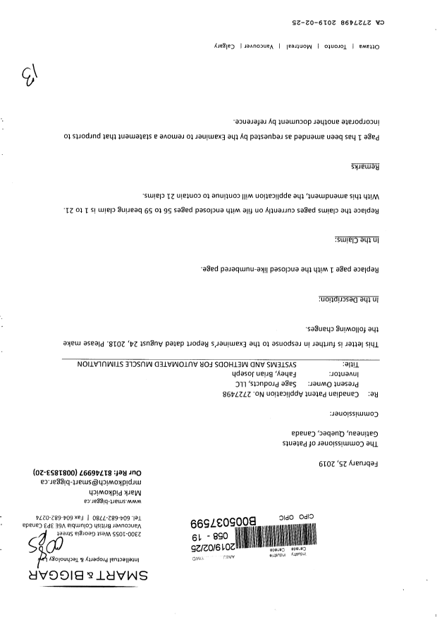 Document de brevet canadien 2727498. Poursuite-Amendment 20181225. Image 1 de 13