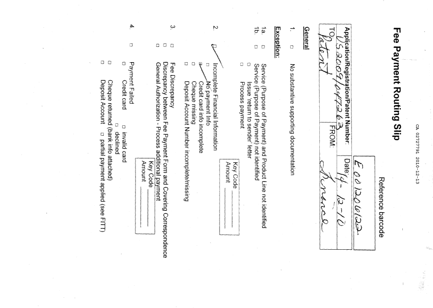 Document de brevet canadien 2727791. Correspondance 20101213. Image 1 de 7