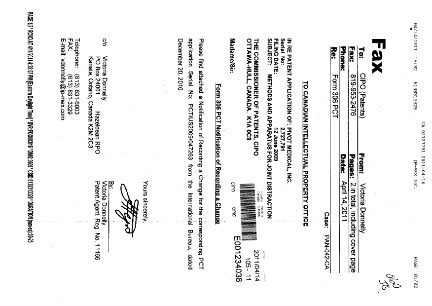 Document de brevet canadien 2727791. Correspondance 20110414. Image 1 de 2