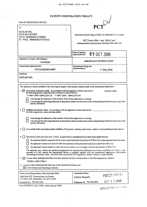 Document de brevet canadien 2727868. Correspondance 20110106. Image 1 de 1
