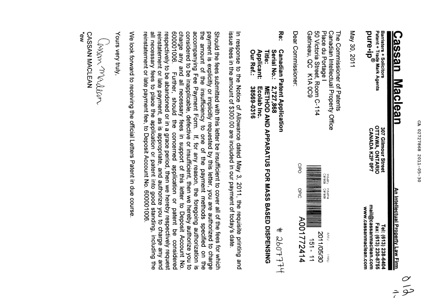 Canadian Patent Document 2727868. Correspondence 20110530. Image 1 of 1