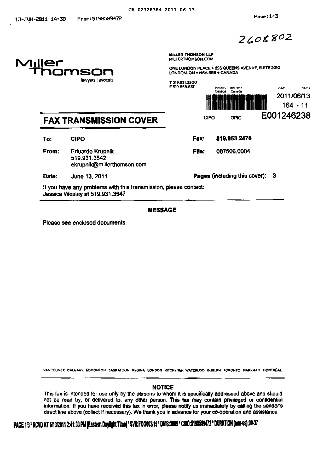Canadian Patent Document 2728384. Fees 20110613. Image 2 of 2