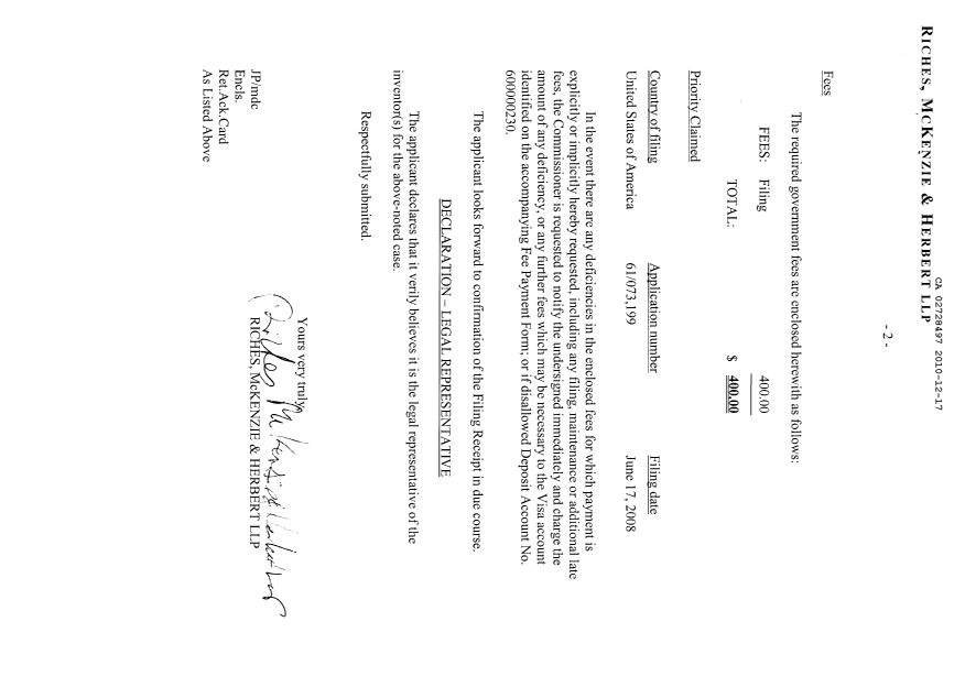 Document de brevet canadien 2728497. Cession 20091217. Image 2 de 4