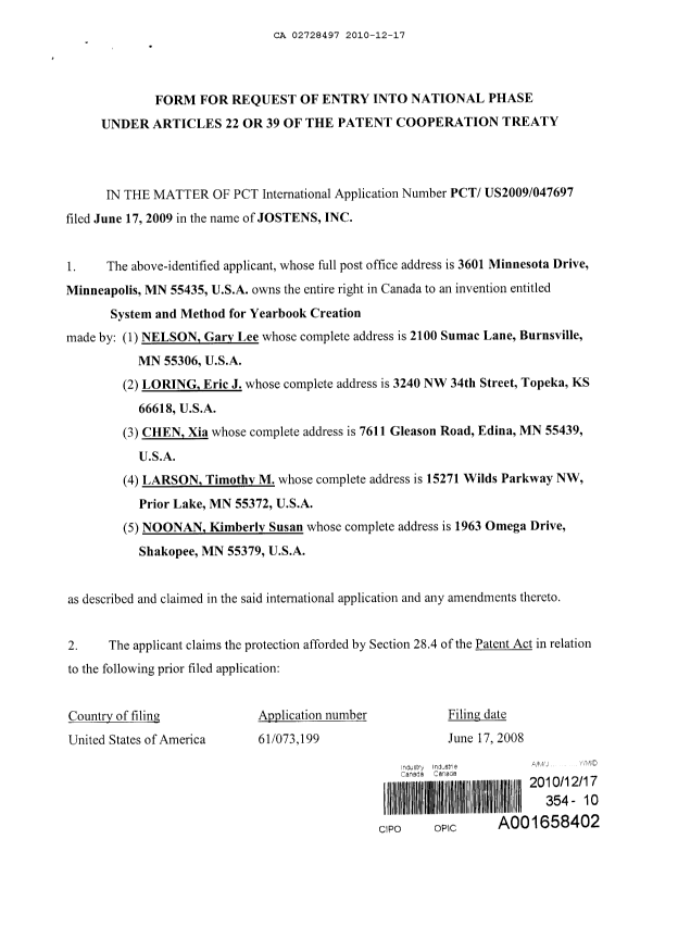 Document de brevet canadien 2728497. Cession 20091217. Image 3 de 4
