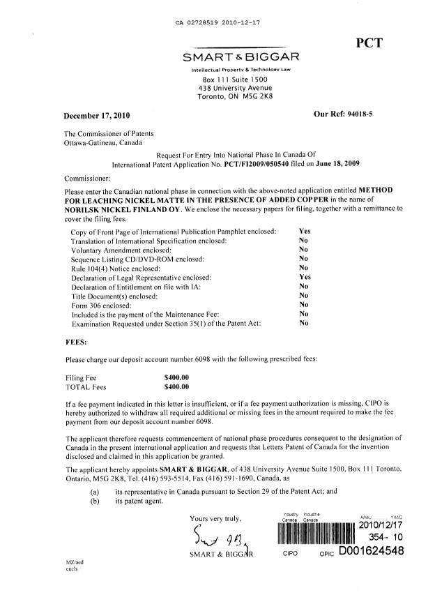 Canadian Patent Document 2728519. Assignment 20101217. Image 1 of 2