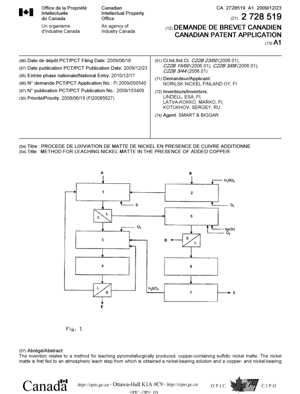 Canadian Patent Document 2728519. Cover Page 20110224. Image 1 of 2