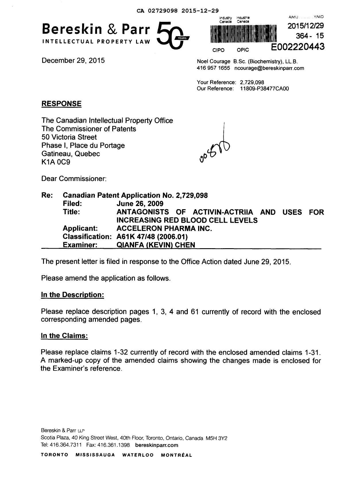 Document de brevet canadien 2729098. Poursuite-Amendment 20141229. Image 1 de 25
