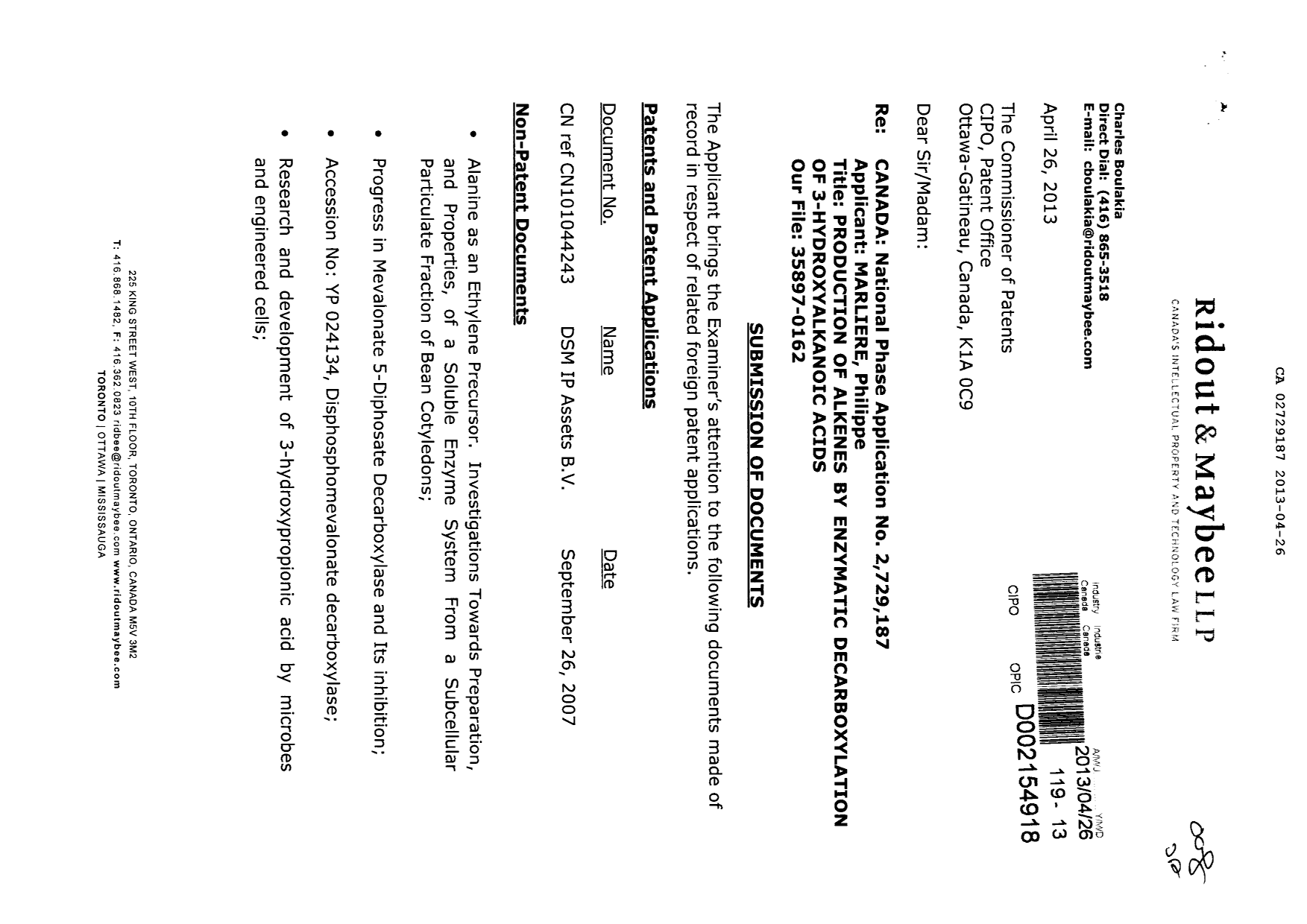 Document de brevet canadien 2729187. Poursuite-Amendment 20121226. Image 1 de 2