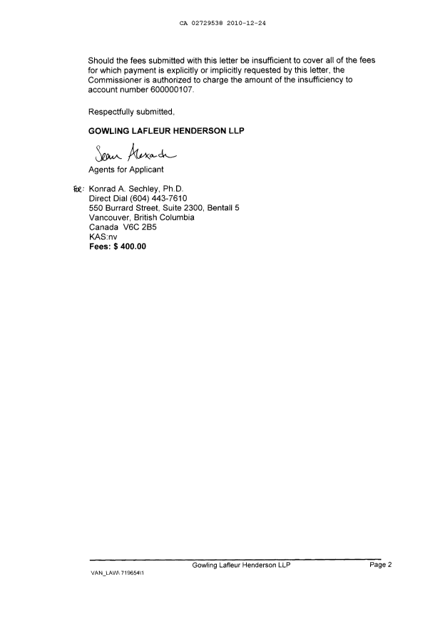 Document de brevet canadien 2729538. Cession 20101224. Image 2 de 3