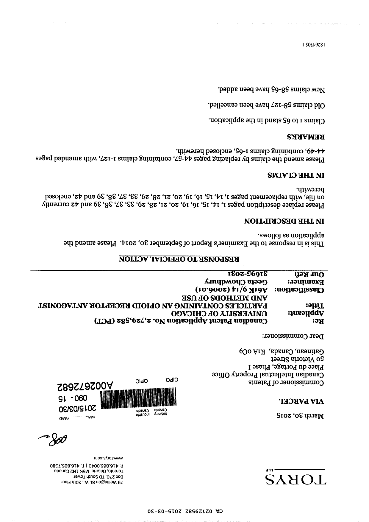 Canadian Patent Document 2729582. Prosecution-Amendment 20141230. Image 1 of 23