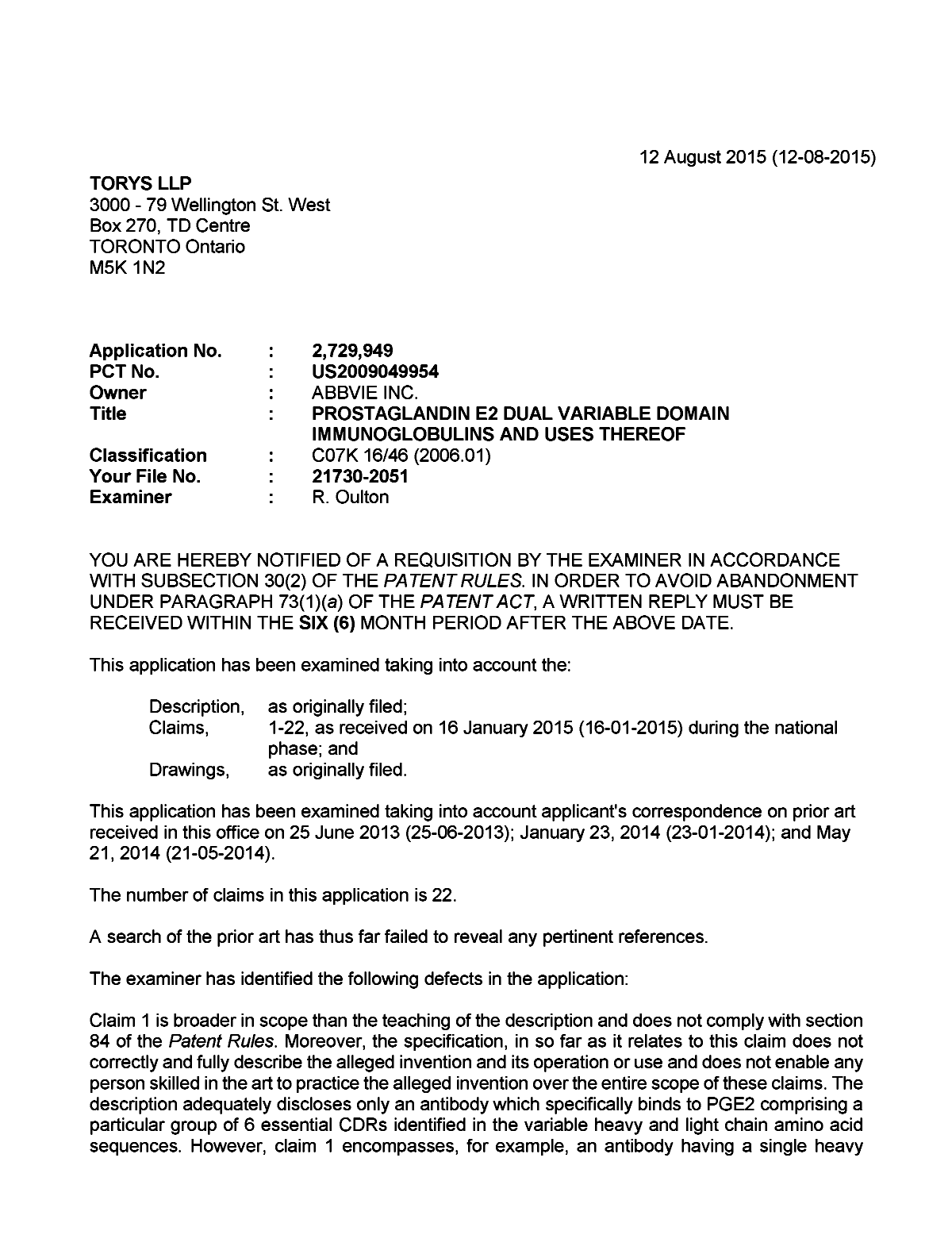 Document de brevet canadien 2729949. Demande d'examen 20150812. Image 1 de 7