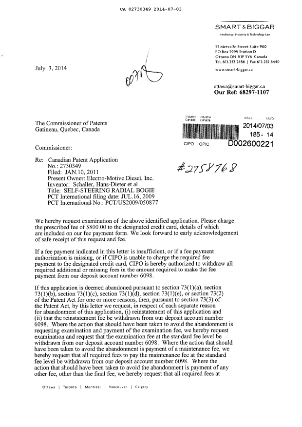 Canadian Patent Document 2730349. Prosecution-Amendment 20140703. Image 1 of 2