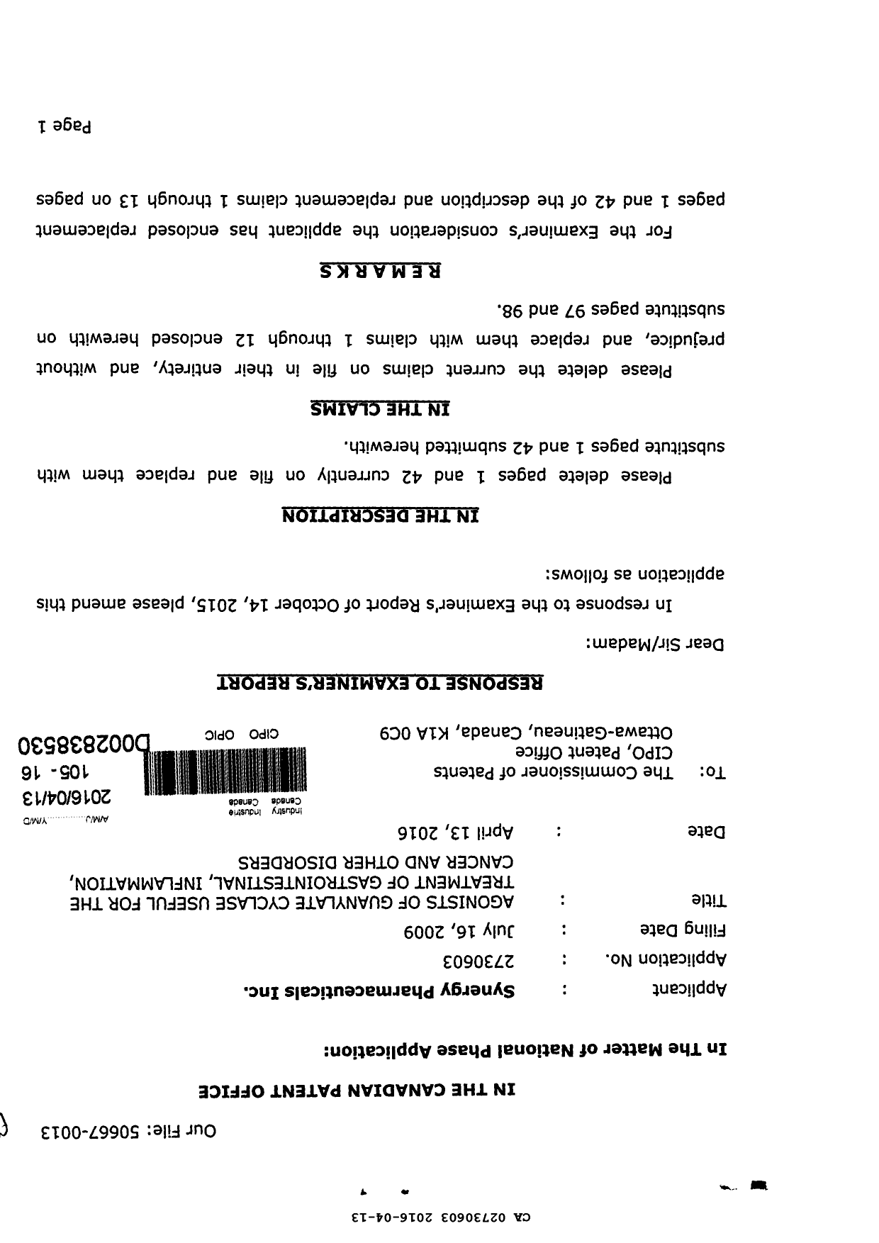 Canadian Patent Document 2730603. Prosecution-Amendment 20151213. Image 1 of 7