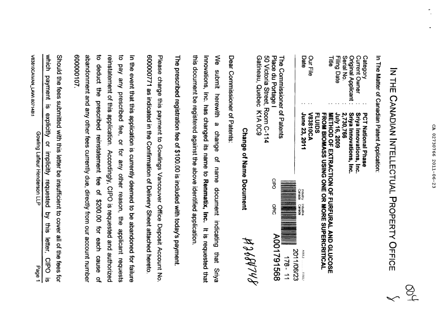 Document de brevet canadien 2730766. Cession 20110623. Image 1 de 5