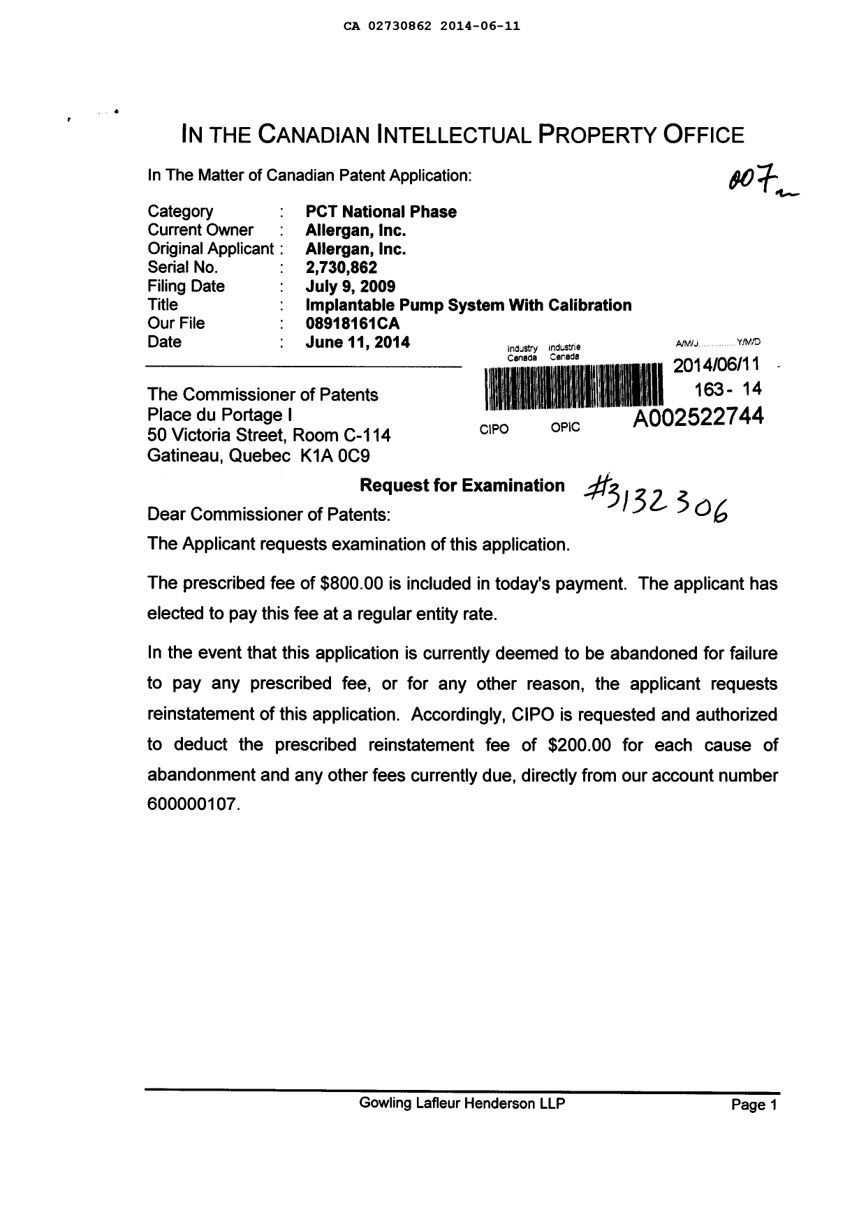 Document de brevet canadien 2730862. Poursuite-Amendment 20140611. Image 1 de 2