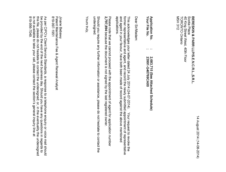 Document de brevet canadien 2730862. Correspondance 20140814. Image 1 de 1