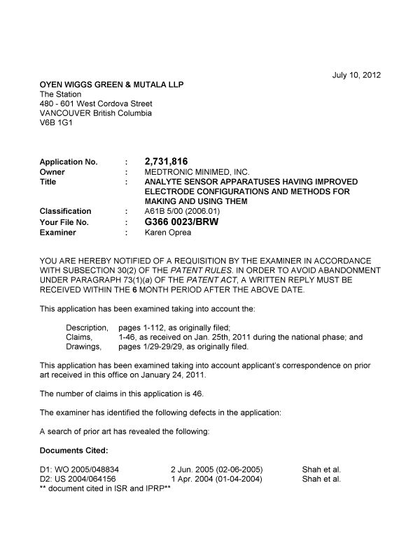 Canadian Patent Document 2731816. Prosecution-Amendment 20120710. Image 1 of 4