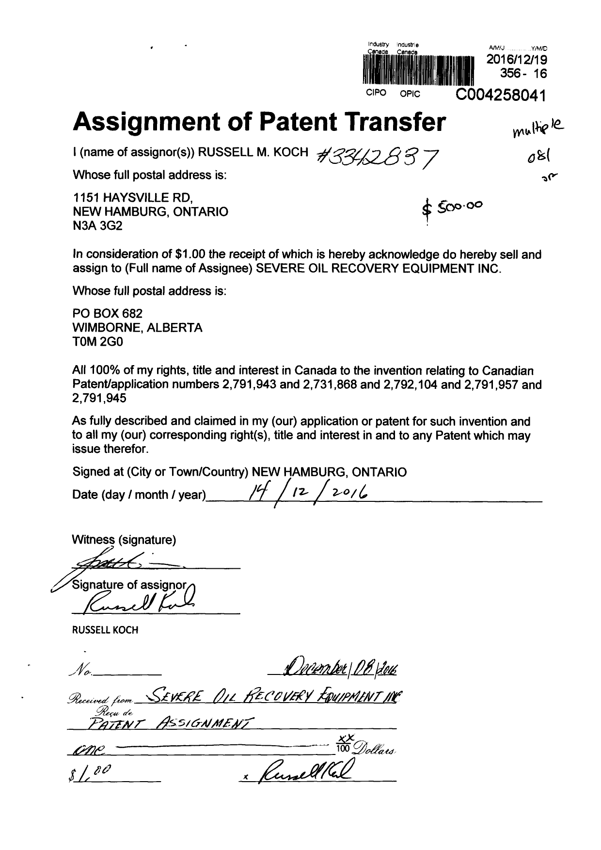 Document de brevet canadien 2731868. Cession 20161219. Image 1 de 4