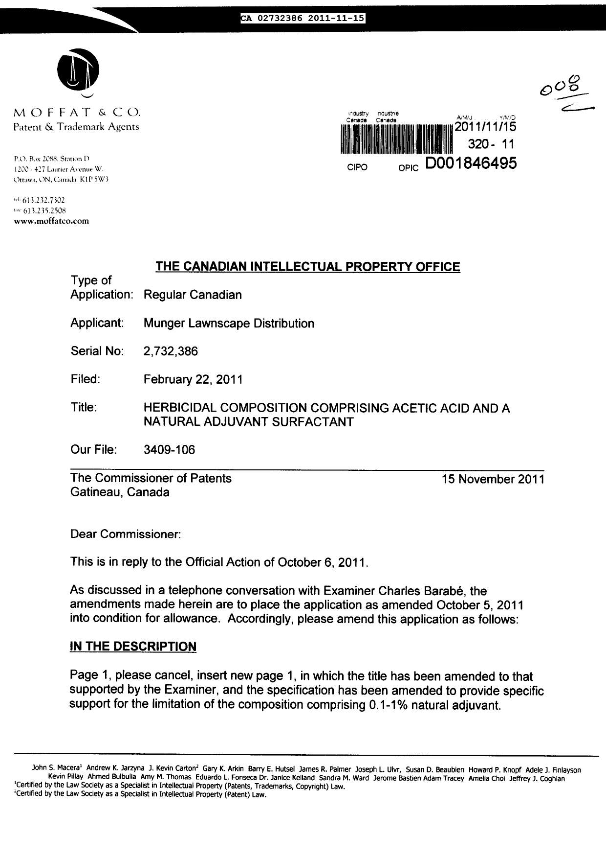 Canadian Patent Document 2732386. Prosecution-Amendment 20111115. Image 1 of 5