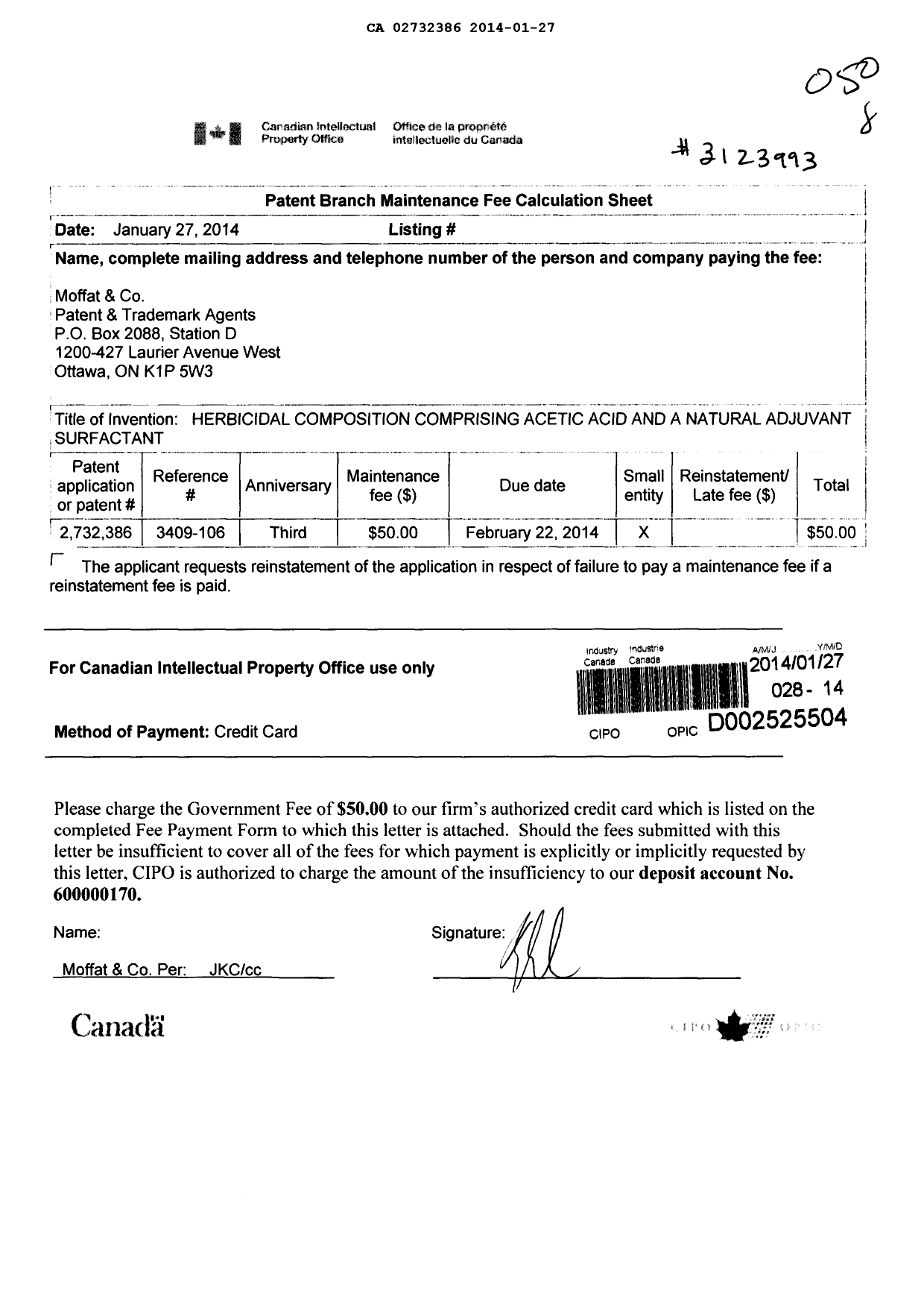 Canadian Patent Document 2732386. Fees 20131227. Image 1 of 1