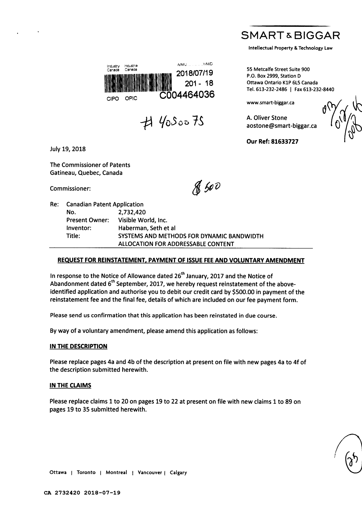 Canadian Patent Document 2732420. Amendment 20180719. Image 1 of 25