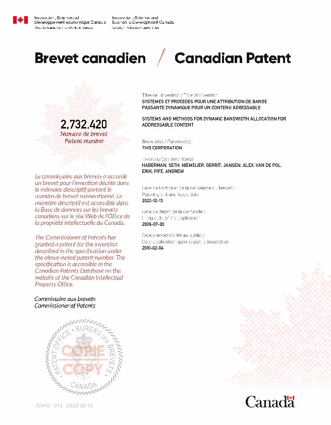 Canadian Patent Document 2732420. Electronic Grant Certificate 20221213. Image 1 of 1