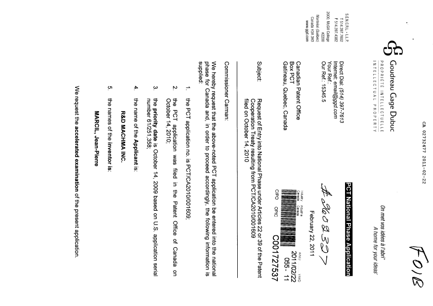 Document de brevet canadien 2732477. Cession 20110222. Image 1 de 5