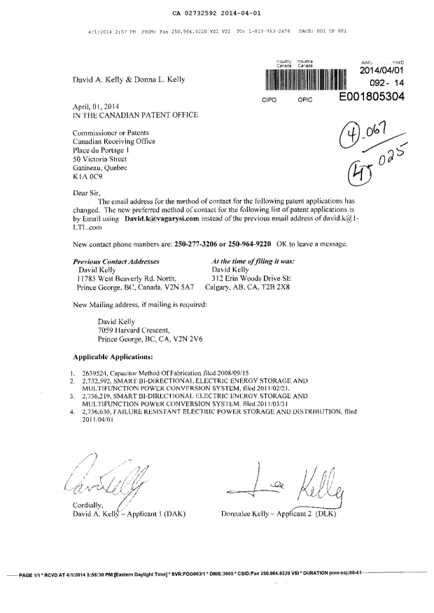 Document de brevet canadien 2732592. Correspondance 20140401. Image 1 de 1