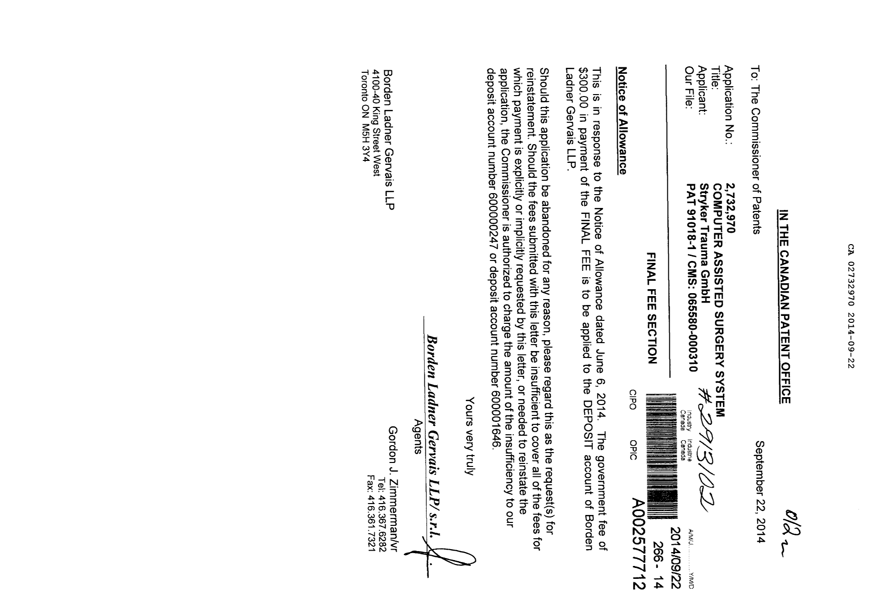 Canadian Patent Document 2732970. Correspondence 20140922. Image 1 of 1